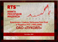 ЛУКОЙЛ названа компанией с самым большим free-float в Индексе РТС (1995-2009) 

