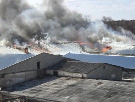 Крыша обрушилась в результате пожара в ангаре заброшенного завода &quot;Заря&quot; в Дзержинске